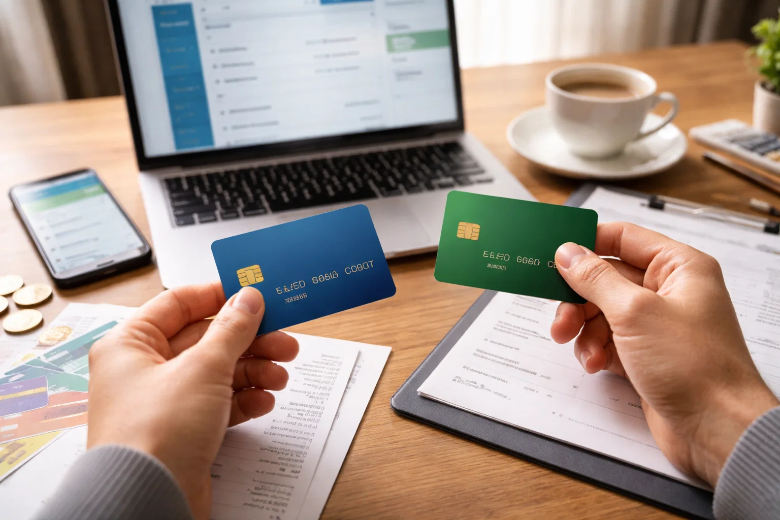 Someone switching bank accounts holding up two cards by a laptop