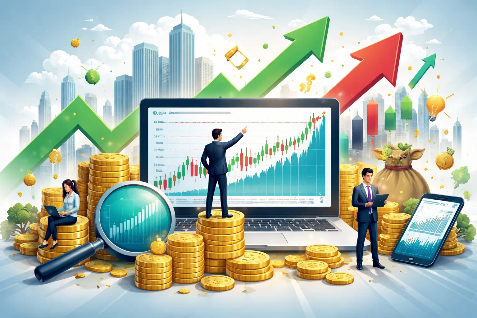 Business growth with charts and coins representing stock market investing
