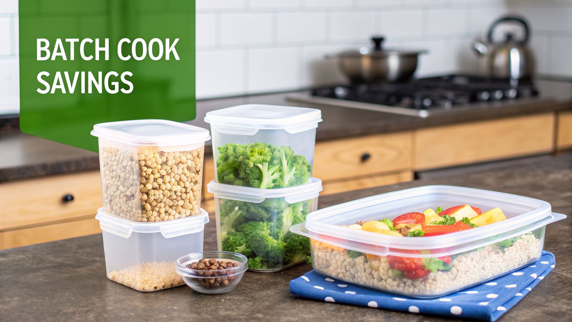 Clear food storage containers filled with batch-cooked chickpeas, broccoli, and a healthy meal on a kitchen counter.