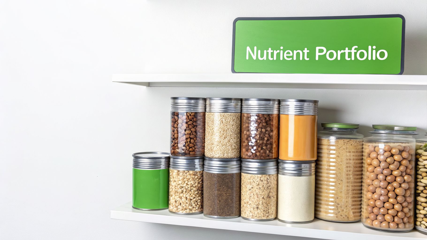 A shelf with various glass jars filled with nuts, grains, and powders, under a 'Nutrient Portfolio' sign.