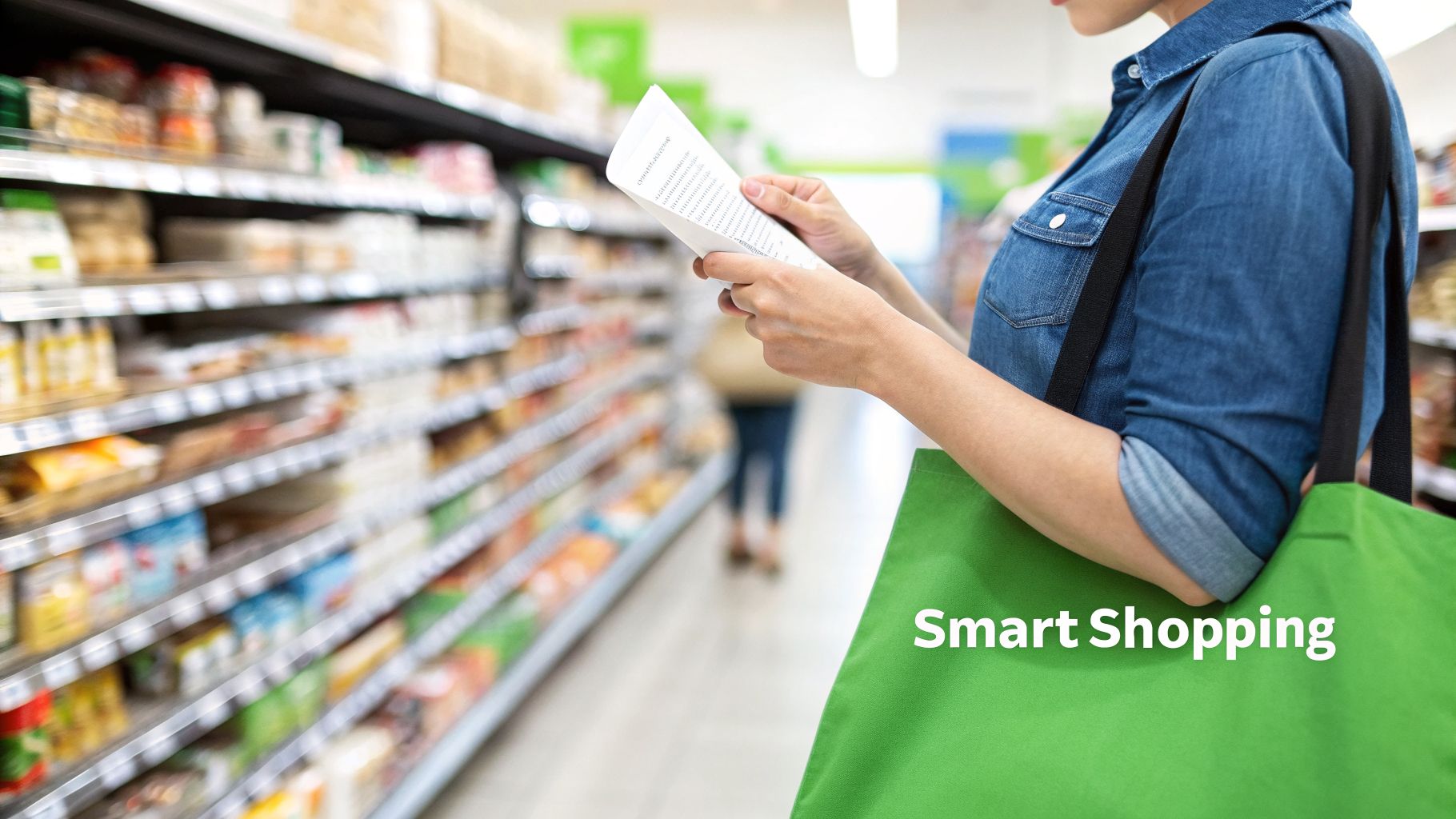 A person with a green 'Smart Shopping' reusable bag checks a list in a grocery store aisle.