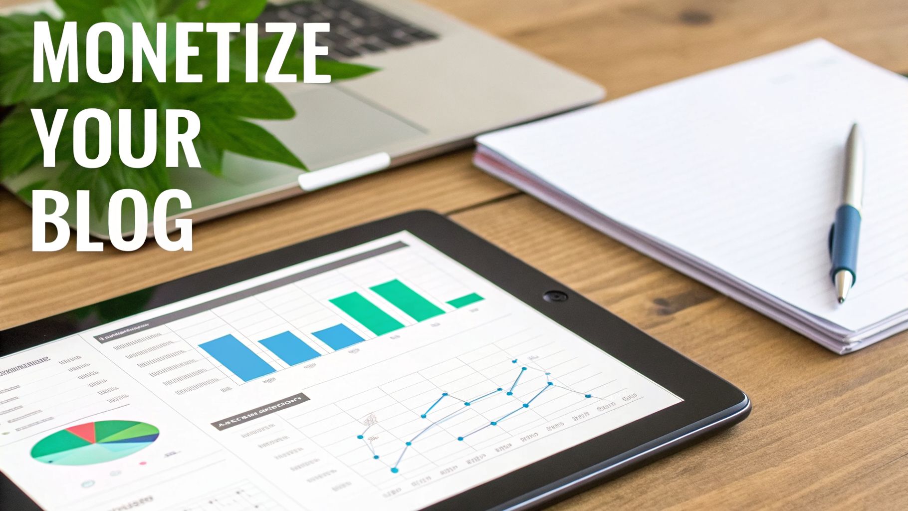 Tablet displaying analytics graphs, laptop, notepad, and pen on a desk for blog monetization.