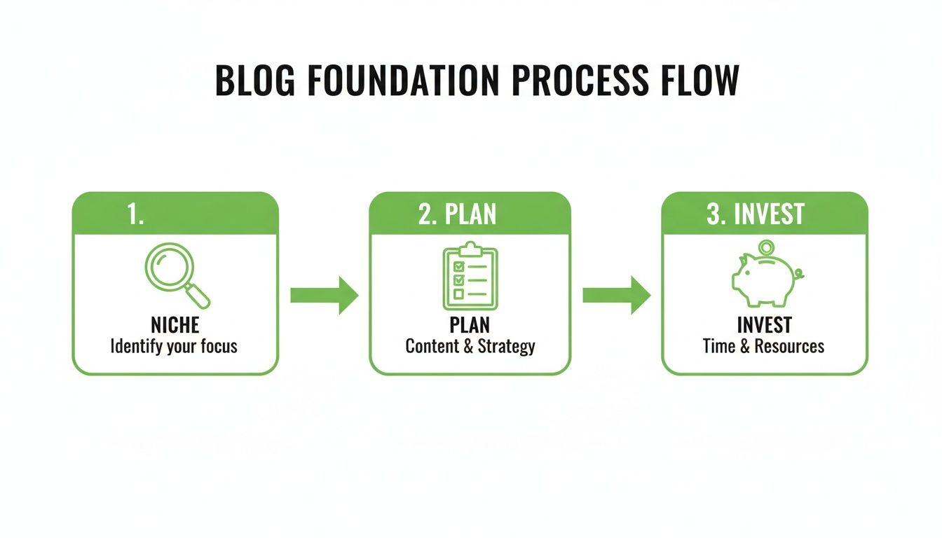 Flowchart detailing the blog foundation process: Niche, Plan, and Invest steps.