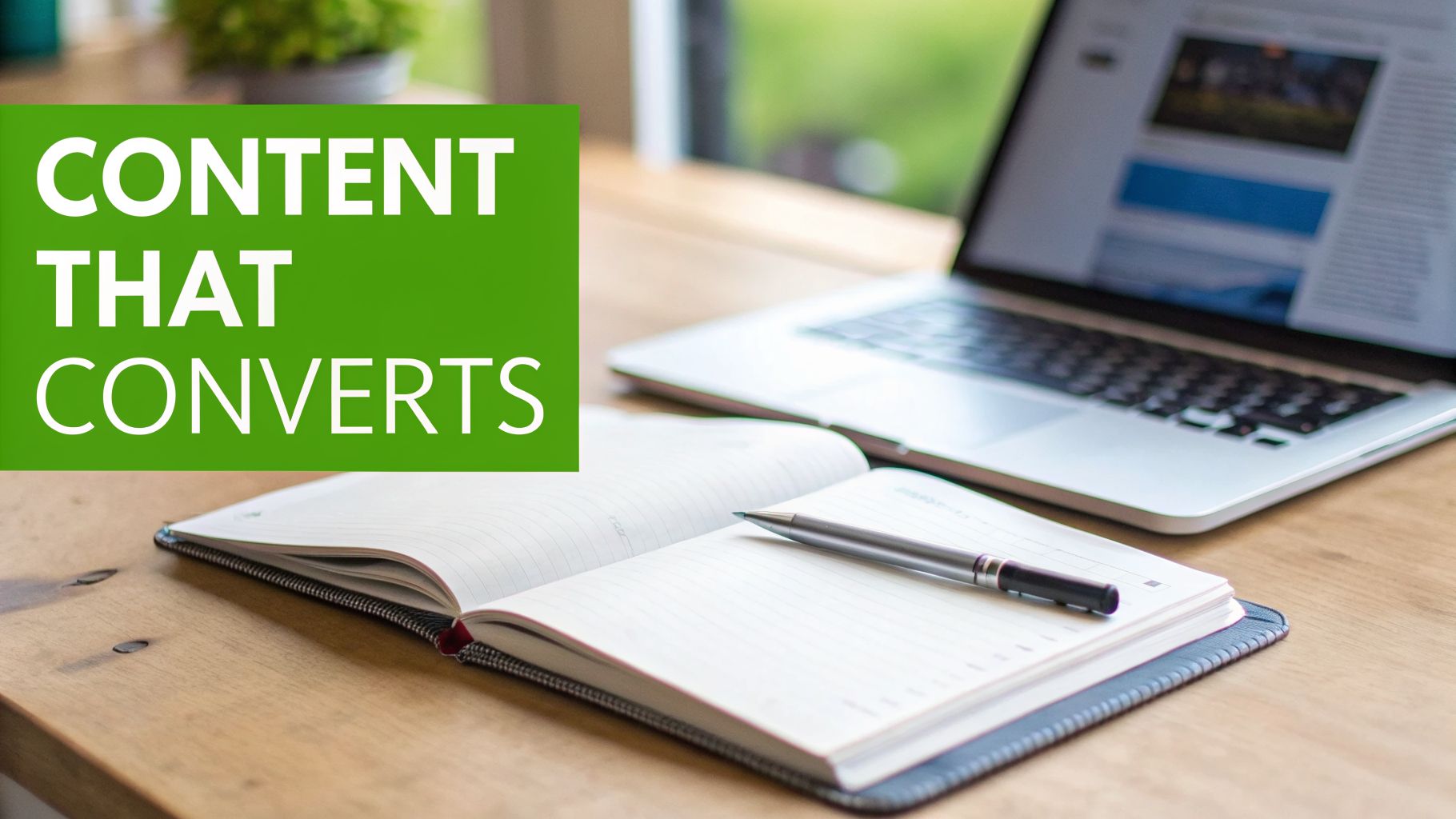 A laptop and open notebook with a pen on a wooden desk, with text 'CONTENT THAT CONVERTS' for effective strategy.