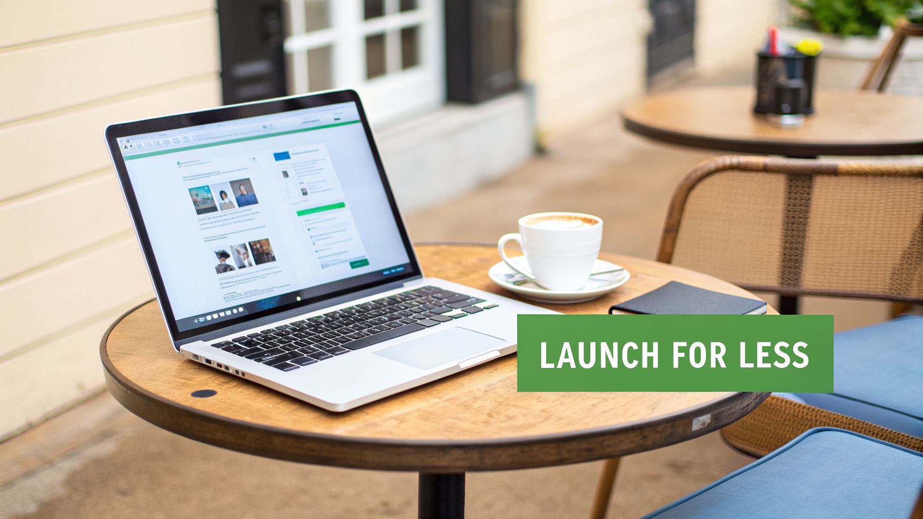 A laptop, coffee cup, and notebook on a wooden cafe table, with 'LAUNCH FOR LESS' text.